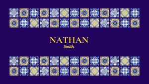 Nathan Smith lettering framed by rows of blue, white and yellow patterned tiles