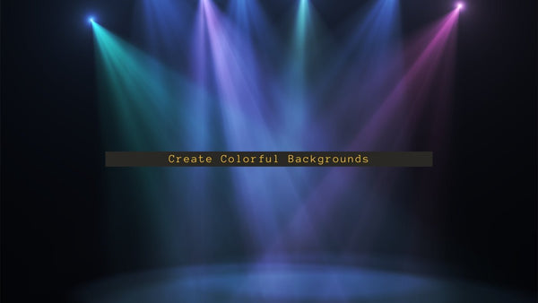 Blue, green and purple stage lights above Create Colorful Backgrounds lettering