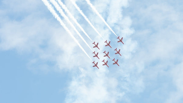 Red Arrows formation with smoke trails at the Scotland Airshow in Ayr