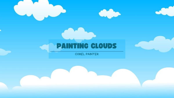 White cloud illustrations on a blue sky with Painting Clouds and Corel Painter text