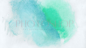 Photoshop title banner over pale blue and green watercolour washes