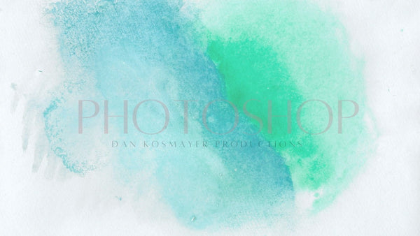 Photoshop title banner over pale blue and green watercolour washes