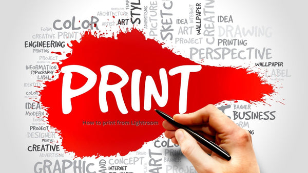 The word PRINT on a red paint splash, with a hand holding a pen and printing terms in the background