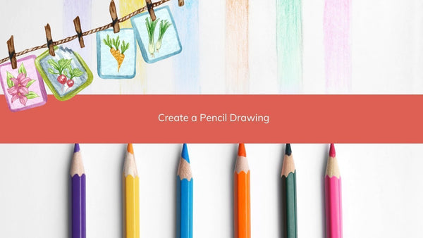 Create a Pencil Drawing title above coloured pencils and small hanging illustrations