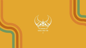 White Viking helmet and Viking Chieftain title on a gold background with curved coloured stripes