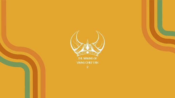 White Viking helmet and Viking Chieftain title on a gold background with curved coloured stripes