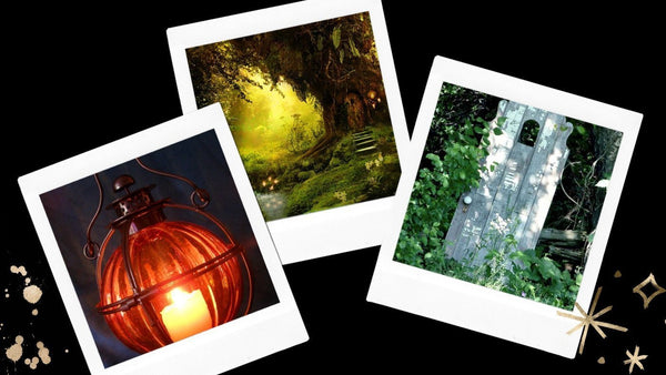 Collage of a glowing lantern, a fantasy woodland scene and an old wooden door