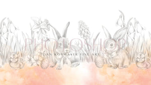Photoshop banner with pencil drawings of rabbits, chicks and spring flowers