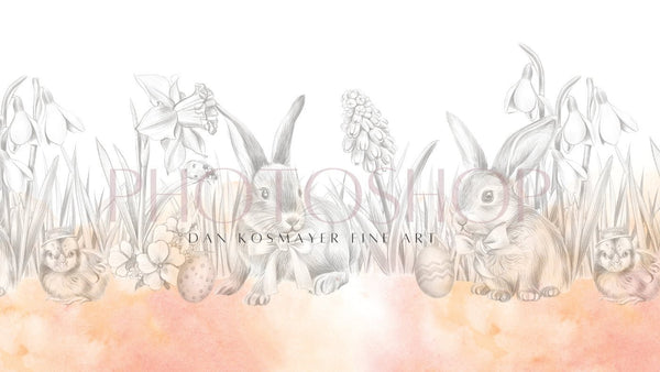 Photoshop banner with pencil drawings of rabbits, chicks and spring flowers