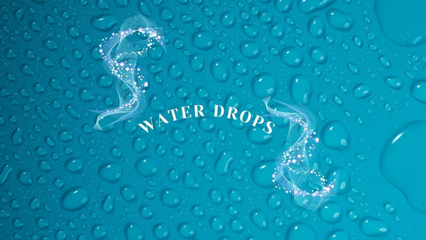 Water Drops title over blue water droplets with white decorative swirls
