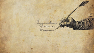 Dominic Davison inspiration title beside a vintage illustration of a hand writing with a quill