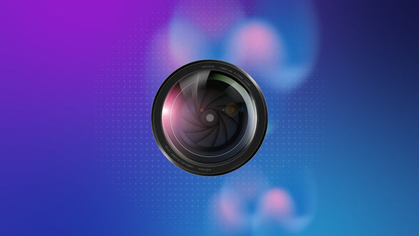 Camera lens against a blue and purple abstract background