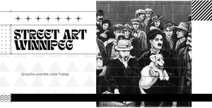 Limelight to Twilight mural in Winnipeg featuring Charlie Chaplin and Groucho Marx painted on a brick wall