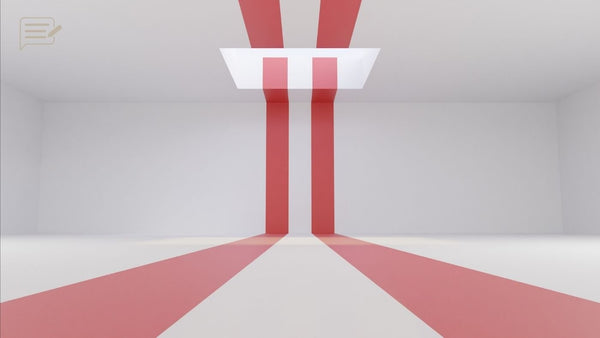 Two red stripes cross a white floor and continue up the wall toward a bright ceiling opening.