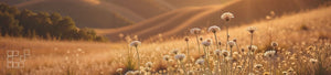 Warm low sunlight on grasses and pale wildflowers, with rolling hills in the background.