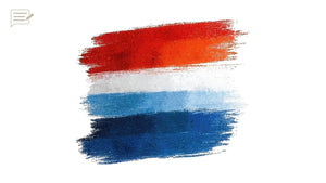 Dutch flag rendered in red, white and blue brushstrokes on a white background.