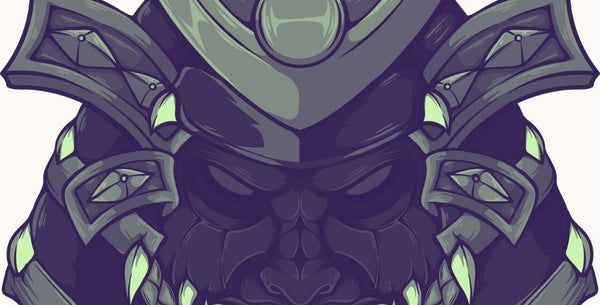 Real samurai armor photographed in Tokyo showing authentic helmet, mask, and chest armor in monochrome fine art photography