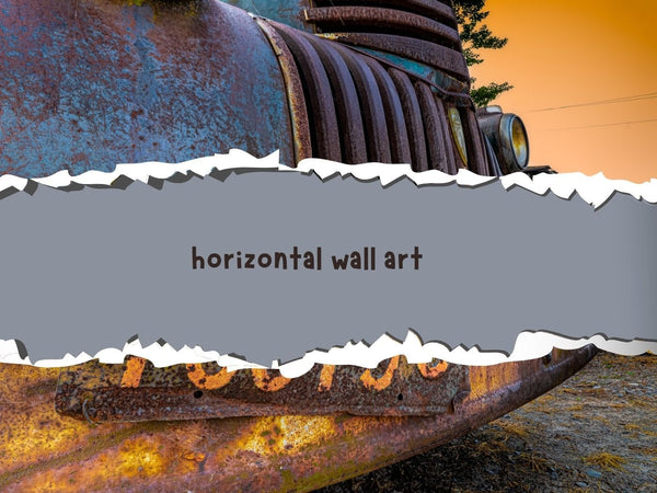 Horizontal wall art title over a close-up photograph of a weathered blue truck grille and rusty bumper.