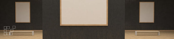 Extra large wall art display with oversized pale frames on charcoal walls