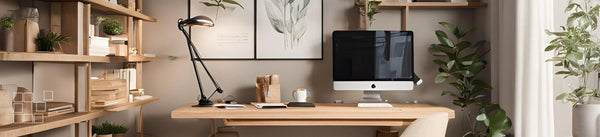 Home office wall art above a wooden desk with plants