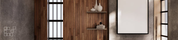 Japandi wall art frame beside wooden panelling and simple ceramic vases