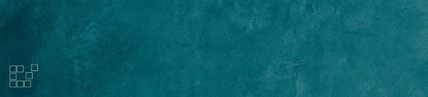 Teal wall art banner with textured blue-green plaster and small outlined squares