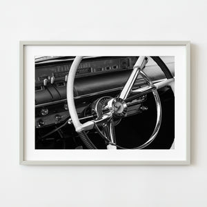 1950s Chevelle steering wheel close-up
