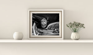 Black and white close-up of the 1953 Buick Roadmaster front corner
