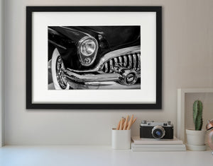 Black and white photo of Buick VentiPort and chrome accents
