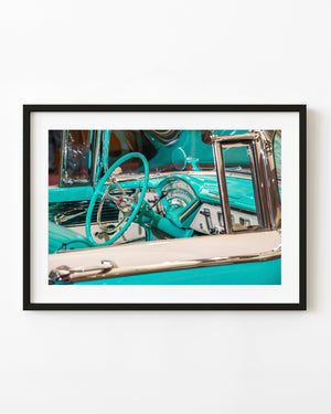 1955 Montclair turquoise steering wheel and dashboard with chrome and cream trim