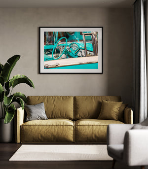Polished chrome spokes inside the turquoise Montclair steering wheel