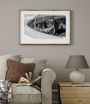 Vintage Buick concept cockpit detail in monochrome
