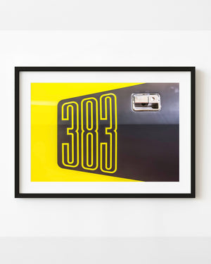 1971 Plymouth Cuda 383 door decal with yellow paint and chrome handle