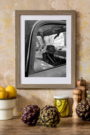 Monochrome Dodge interior framed by a curved doorway and bright woodland.
