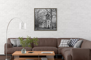 Monochrome Maine church photograph with tall narrow windows and weathered trim.