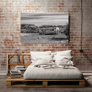 monochrome trailer image with rustic charm