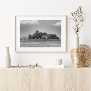 Bands of grass lead toward a distant brick house surrounded by leafy trees
