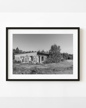 Abandoned Ontario motel covered with graffiti beside a leafy tree, black and white