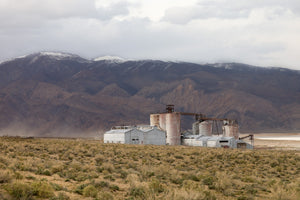Colour landscape photograph of an old soda ash plant in California’s eastern Sierra.
