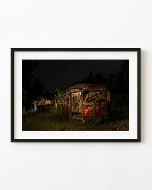 Abandoned streetcars illuminated by warm night light among dark trees and tall plants.