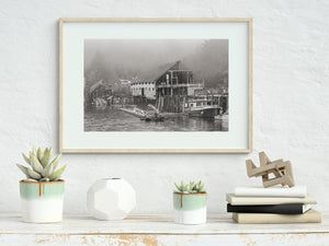 Lonely boathouse in misty British Columbia