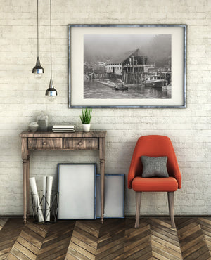 Weathered boathouse on water print