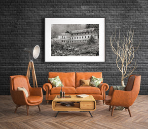 Shadow and light in abandoned hotel corridor BC