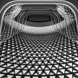 Square monochrome upward view of curved bands and triangular patterns in the SAHMRI interior.