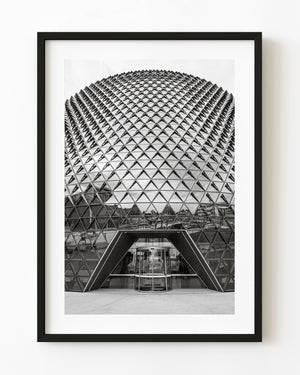 Triangular glass façade above the SAHMRI entrance in Adelaide, in black and white.