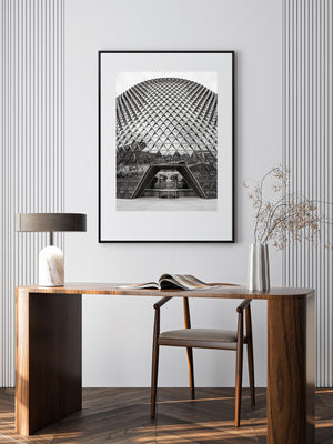 Dark sloping entrance surrounds contrast with the fine diagonal grid of the SAHMRI façade.