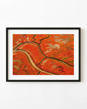 Orange autumn marsh crossed by winding channels in an aerial Alaska landscape.