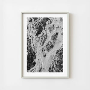 Black and white aerial view of abstract Alaskan coastal landscape