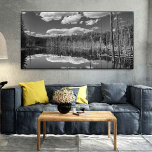 Dark woodland separates pale clouds above from their reflections across a quiet swamp.
