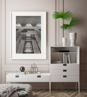 Historic New York terminal interior with hanging flag